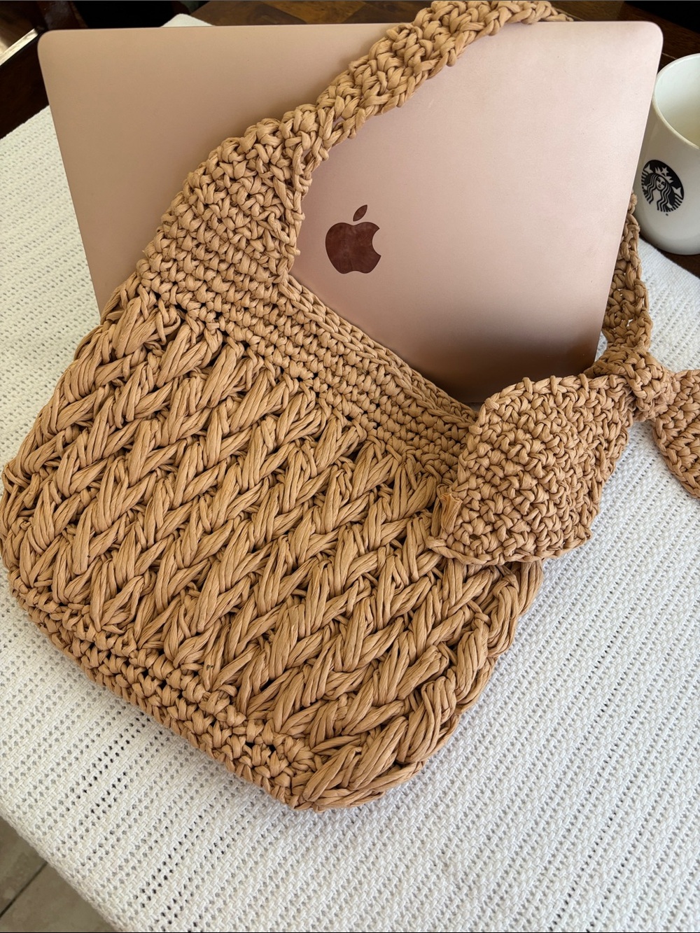 Antique Handwoven Crochet Shoulder Bag in Tan - Picture 3 of 6